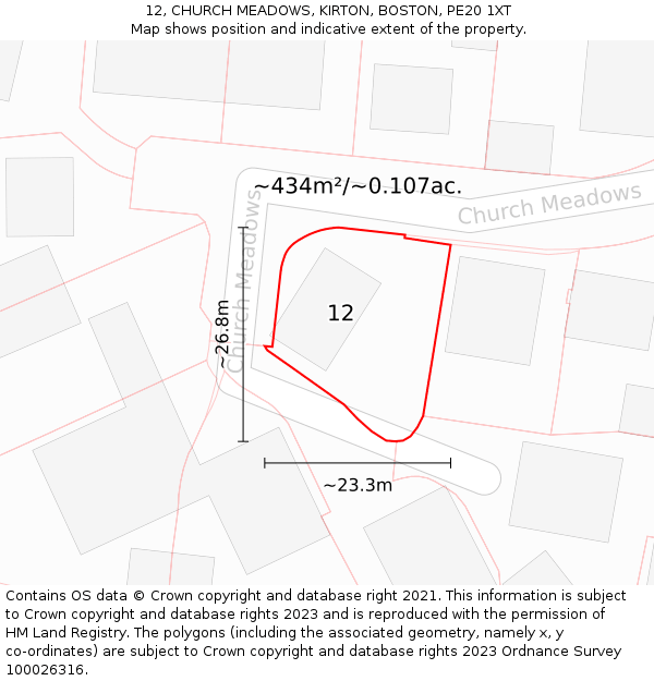 12, CHURCH MEADOWS, KIRTON, BOSTON, PE20 1XT: Plot and title map