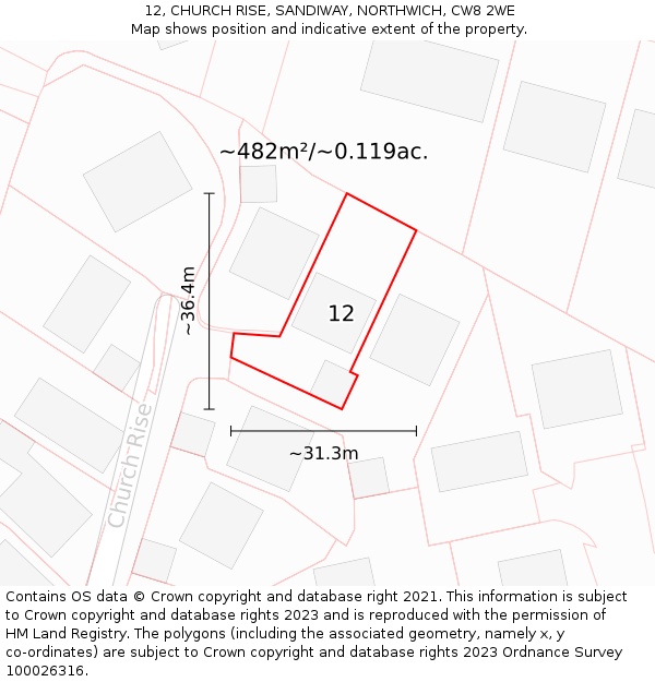 12, CHURCH RISE, SANDIWAY, NORTHWICH, CW8 2WE: Plot and title map
