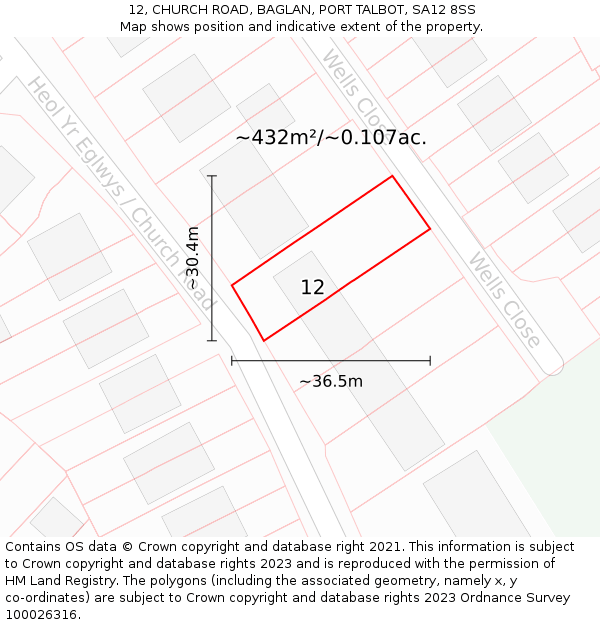 12, CHURCH ROAD, BAGLAN, PORT TALBOT, SA12 8SS: Plot and title map