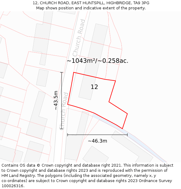 12, CHURCH ROAD, EAST HUNTSPILL, HIGHBRIDGE, TA9 3PG: Plot and title map
