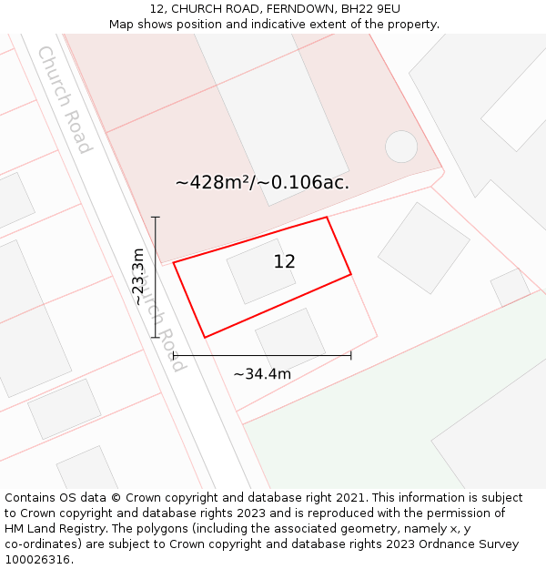 12, CHURCH ROAD, FERNDOWN, BH22 9EU: Plot and title map