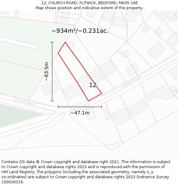 12, CHURCH ROAD, FLITWICK, BEDFORD, MK45 1AE: Plot and title map
