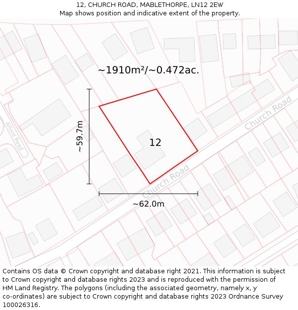 12, CHURCH ROAD, MABLETHORPE, LN12 2EW: Plot and title map