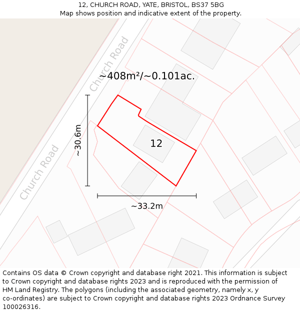 12, CHURCH ROAD, YATE, BRISTOL, BS37 5BG: Plot and title map