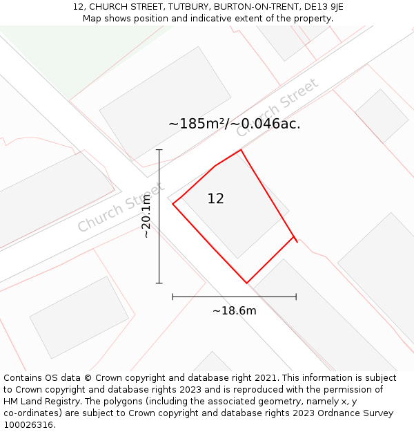 12, CHURCH STREET, TUTBURY, BURTON-ON-TRENT, DE13 9JE: Plot and title map
