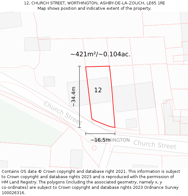 12, CHURCH STREET, WORTHINGTON, ASHBY-DE-LA-ZOUCH, LE65 1RE: Plot and title map