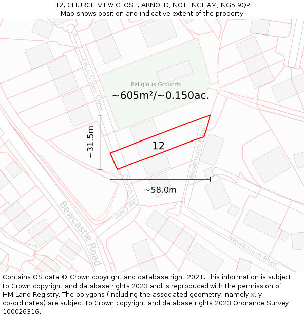 12, CHURCH VIEW CLOSE, ARNOLD, NOTTINGHAM, NG5 9QP: Plot and title map