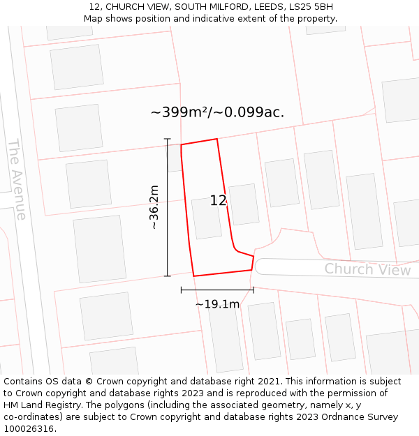 12, CHURCH VIEW, SOUTH MILFORD, LEEDS, LS25 5BH: Plot and title map
