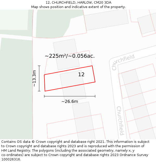 12, CHURCHFIELD, HARLOW, CM20 3DA: Plot and title map