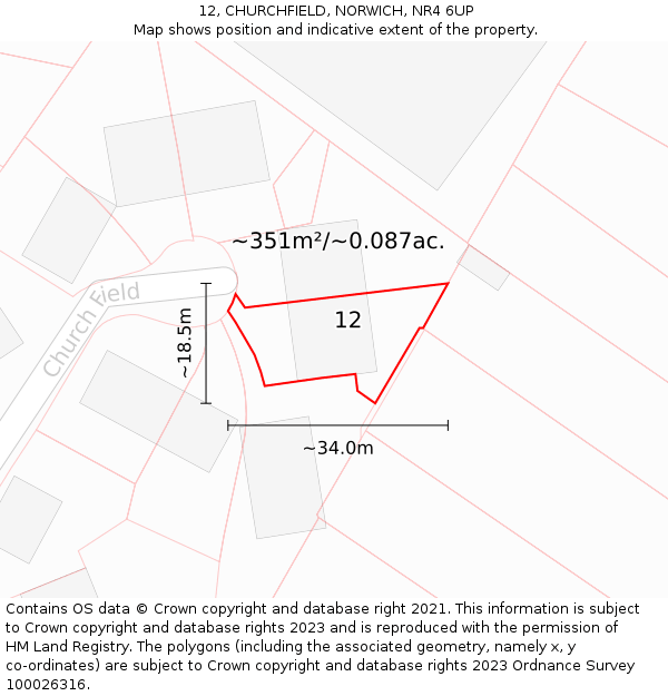 12, CHURCHFIELD, NORWICH, NR4 6UP: Plot and title map