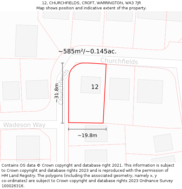 12, CHURCHFIELDS, CROFT, WARRINGTON, WA3 7JR: Plot and title map