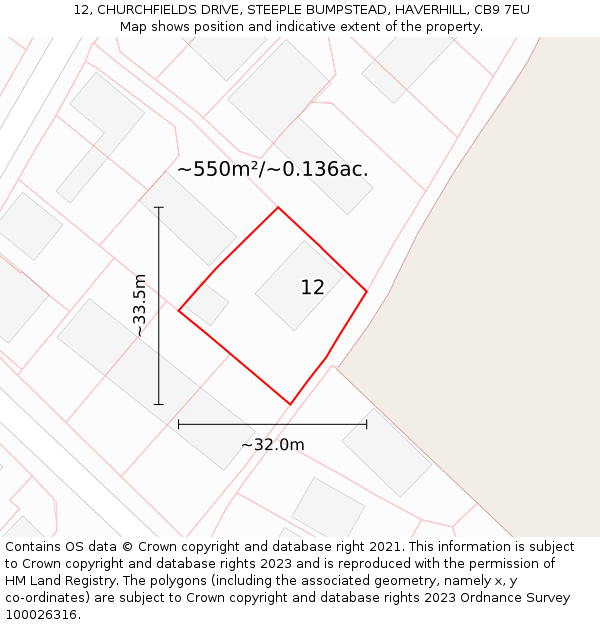 12, CHURCHFIELDS DRIVE, STEEPLE BUMPSTEAD, HAVERHILL, CB9 7EU: Plot and title map