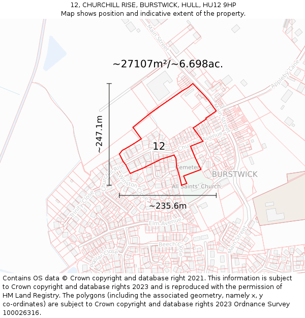 12, CHURCHILL RISE, BURSTWICK, HULL, HU12 9HP: Plot and title map