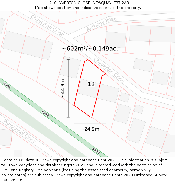 12, CHYVERTON CLOSE, NEWQUAY, TR7 2AR: Plot and title map