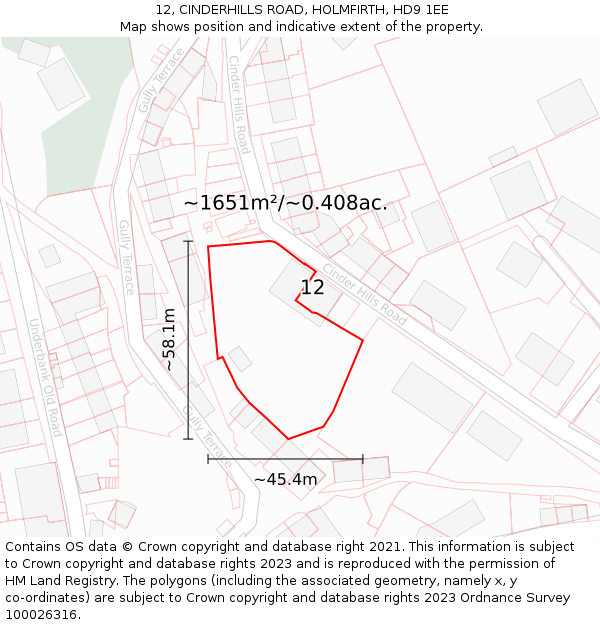 12, CINDERHILLS ROAD, HOLMFIRTH, HD9 1EE: Plot and title map