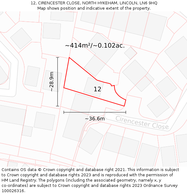 12, CIRENCESTER CLOSE, NORTH HYKEHAM, LINCOLN, LN6 9HQ: Plot and title map