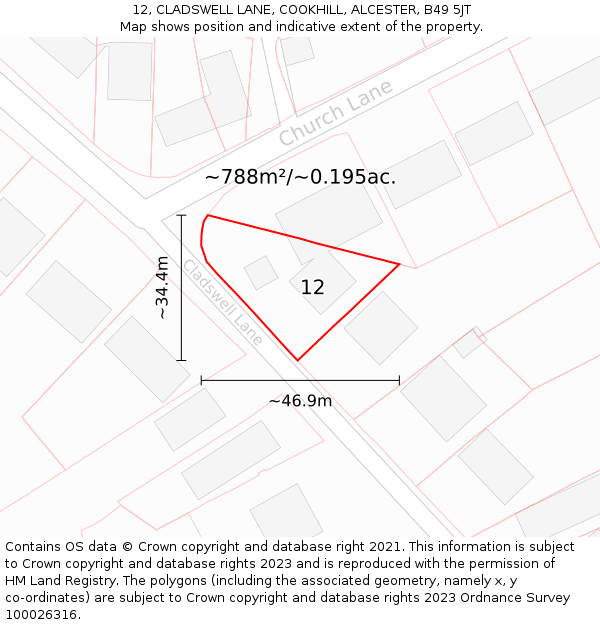 12, CLADSWELL LANE, COOKHILL, ALCESTER, B49 5JT: Plot and title map
