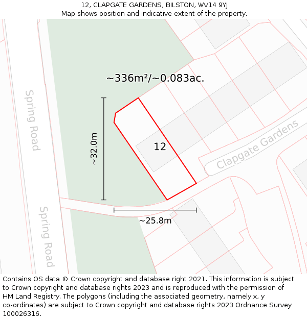 12, CLAPGATE GARDENS, BILSTON, WV14 9YJ: Plot and title map
