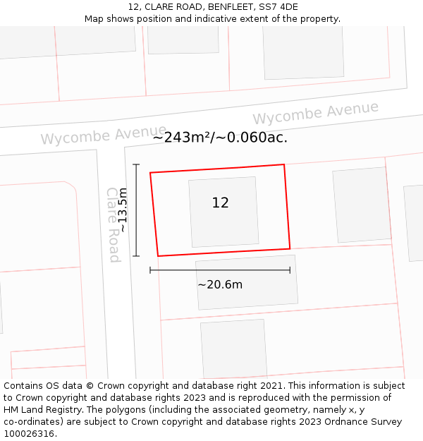 12, CLARE ROAD, BENFLEET, SS7 4DE: Plot and title map
