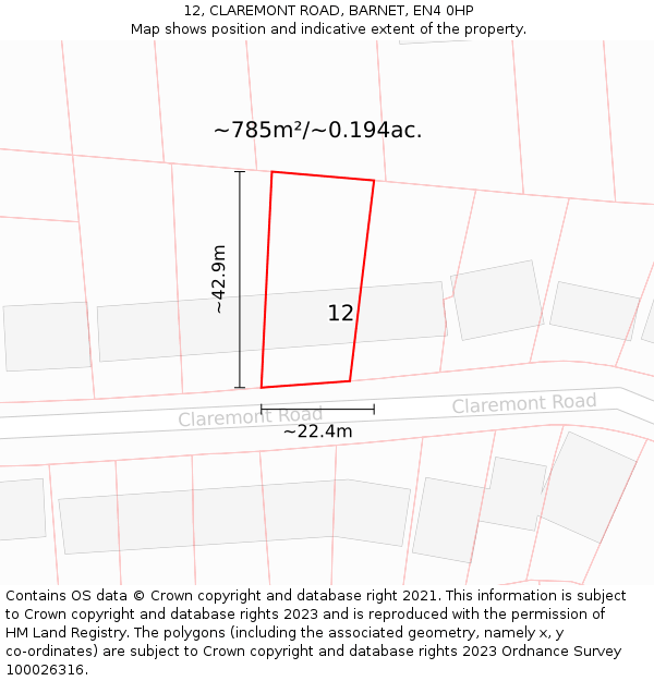 12, CLAREMONT ROAD, BARNET, EN4 0HP: Plot and title map