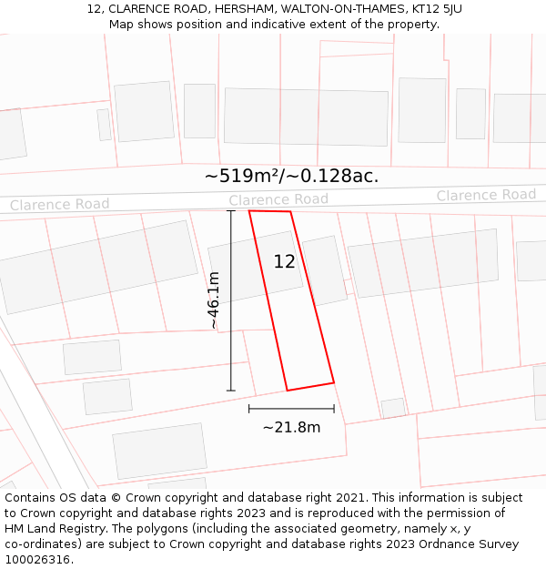 12, CLARENCE ROAD, HERSHAM, WALTON-ON-THAMES, KT12 5JU: Plot and title map