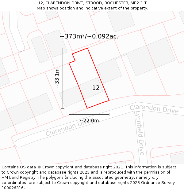 12, CLARENDON DRIVE, STROOD, ROCHESTER, ME2 3LT: Plot and title map
