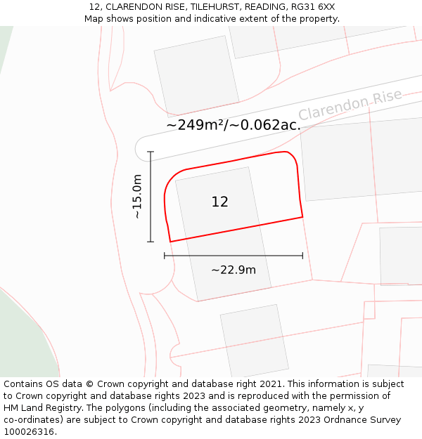 12, CLARENDON RISE, TILEHURST, READING, RG31 6XX: Plot and title map