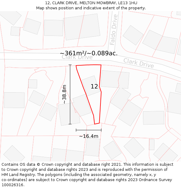 12, CLARK DRIVE, MELTON MOWBRAY, LE13 1HU: Plot and title map