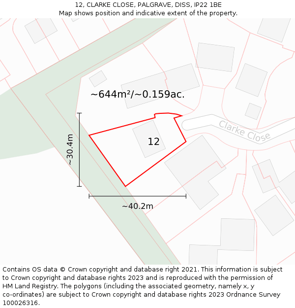 12, CLARKE CLOSE, PALGRAVE, DISS, IP22 1BE: Plot and title map