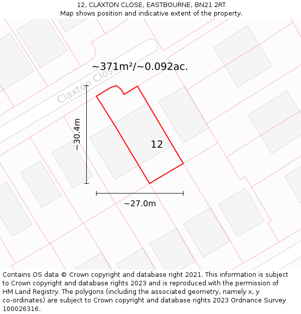 12, CLAXTON CLOSE, EASTBOURNE, BN21 2RT: Plot and title map