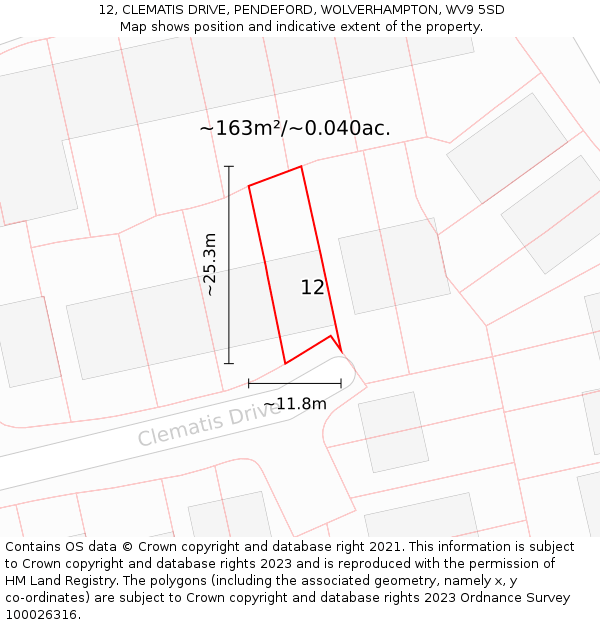 12, CLEMATIS DRIVE, PENDEFORD, WOLVERHAMPTON, WV9 5SD: Plot and title map