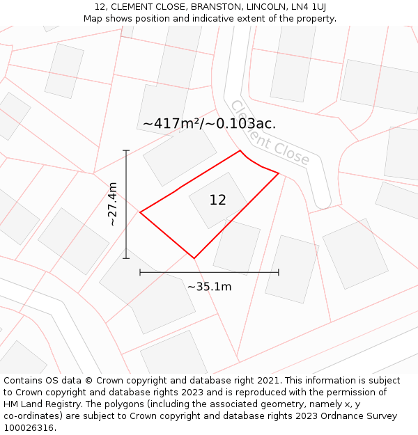 12, CLEMENT CLOSE, BRANSTON, LINCOLN, LN4 1UJ: Plot and title map