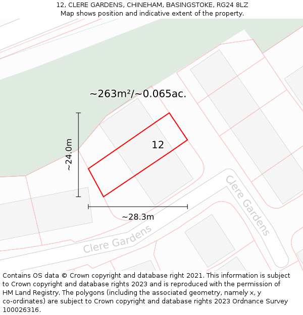 12, CLERE GARDENS, CHINEHAM, BASINGSTOKE, RG24 8LZ: Plot and title map
