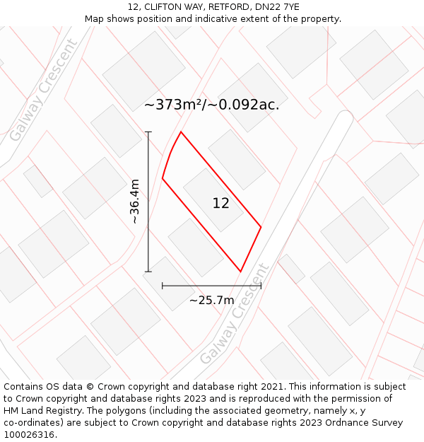 12, CLIFTON WAY, RETFORD, DN22 7YE: Plot and title map