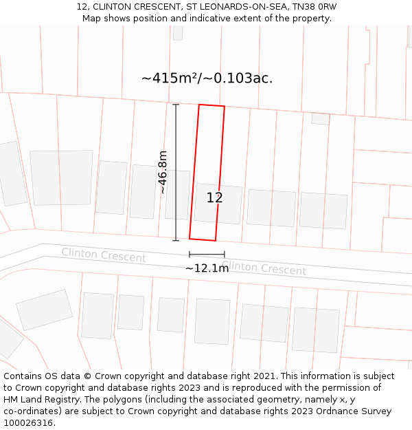 12, CLINTON CRESCENT, ST LEONARDS-ON-SEA, TN38 0RW: Plot and title map