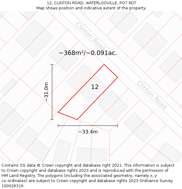 12, CLINTON ROAD, WATERLOOVILLE, PO7 6DT: Plot and title map