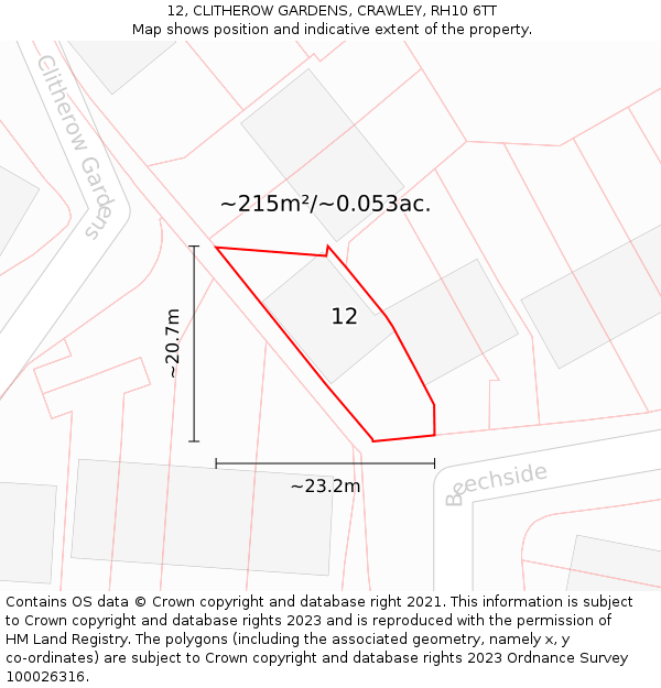 12, CLITHEROW GARDENS, CRAWLEY, RH10 6TT: Plot and title map