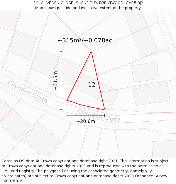 12, CLIVEDEN CLOSE, SHENFIELD, BRENTWOOD, CM15 8JP: Plot and title map