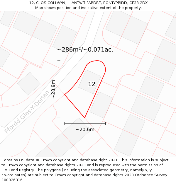 12, CLOS COLLWYN, LLANTWIT FARDRE, PONTYPRIDD, CF38 2DX: Plot and title map