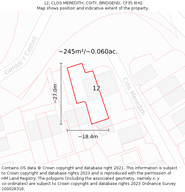 12, CLOS MEREDITH, COITY, BRIDGEND, CF35 6HQ: Plot and title map