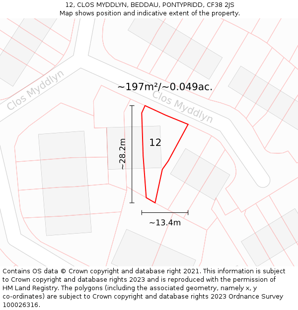 12, CLOS MYDDLYN, BEDDAU, PONTYPRIDD, CF38 2JS: Plot and title map