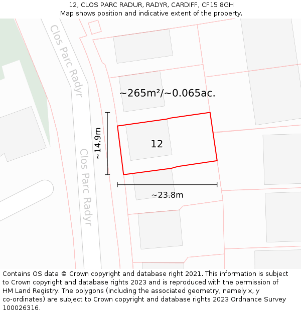 12, CLOS PARC RADUR, RADYR, CARDIFF, CF15 8GH: Plot and title map