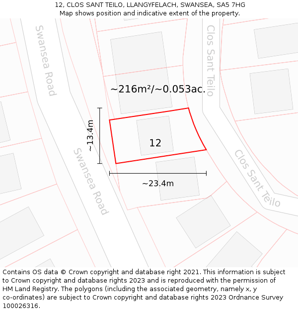 12, CLOS SANT TEILO, LLANGYFELACH, SWANSEA, SA5 7HG: Plot and title map
