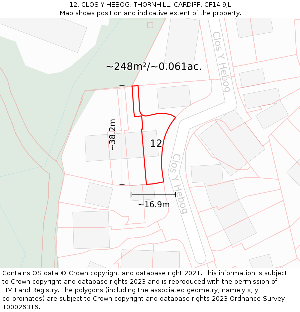 12, CLOS Y HEBOG, THORNHILL, CARDIFF, CF14 9JL: Plot and title map