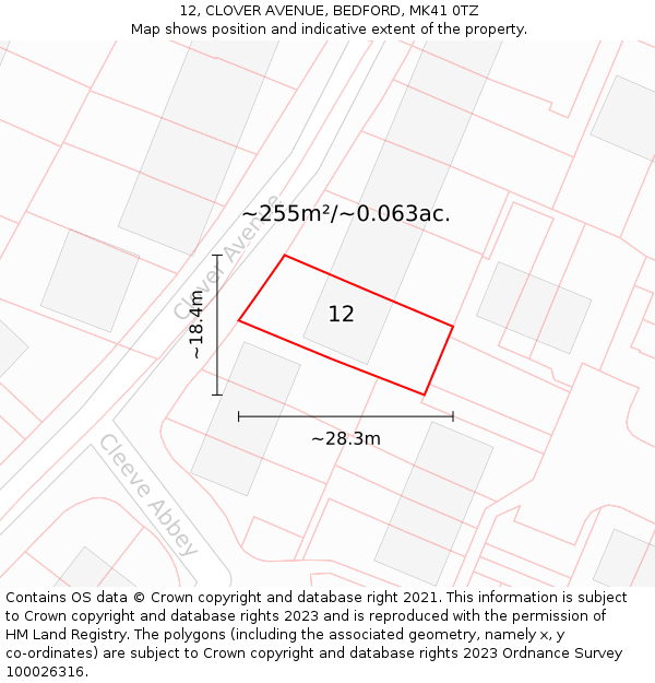 12, CLOVER AVENUE, BEDFORD, MK41 0TZ: Plot and title map