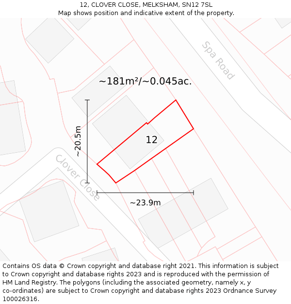 12, CLOVER CLOSE, MELKSHAM, SN12 7SL: Plot and title map