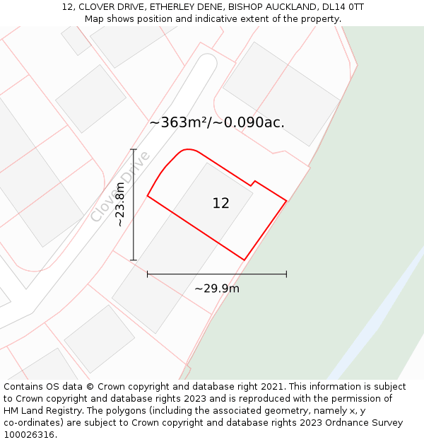 12, CLOVER DRIVE, ETHERLEY DENE, BISHOP AUCKLAND, DL14 0TT: Plot and title map