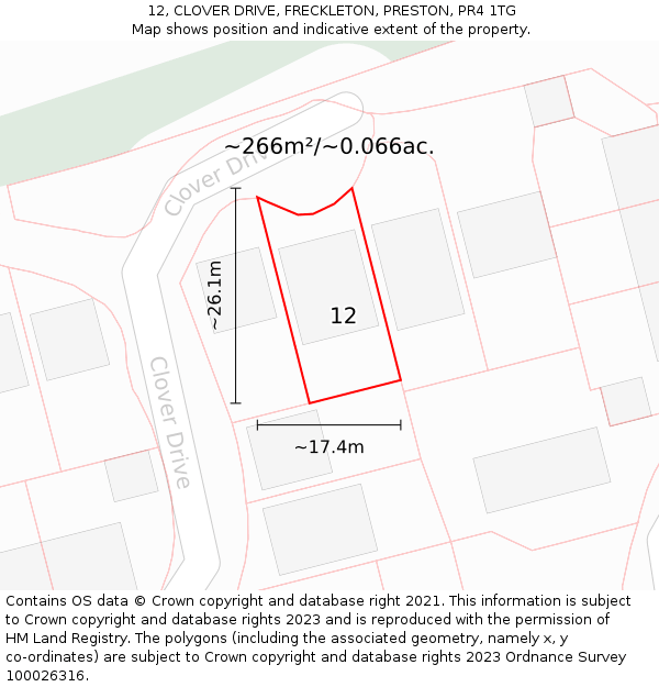 12, CLOVER DRIVE, FRECKLETON, PRESTON, PR4 1TG: Plot and title map
