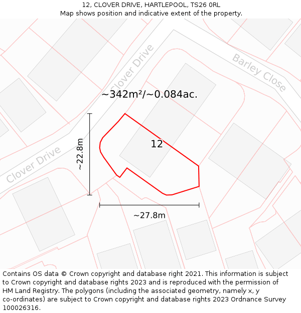 12, CLOVER DRIVE, HARTLEPOOL, TS26 0RL: Plot and title map