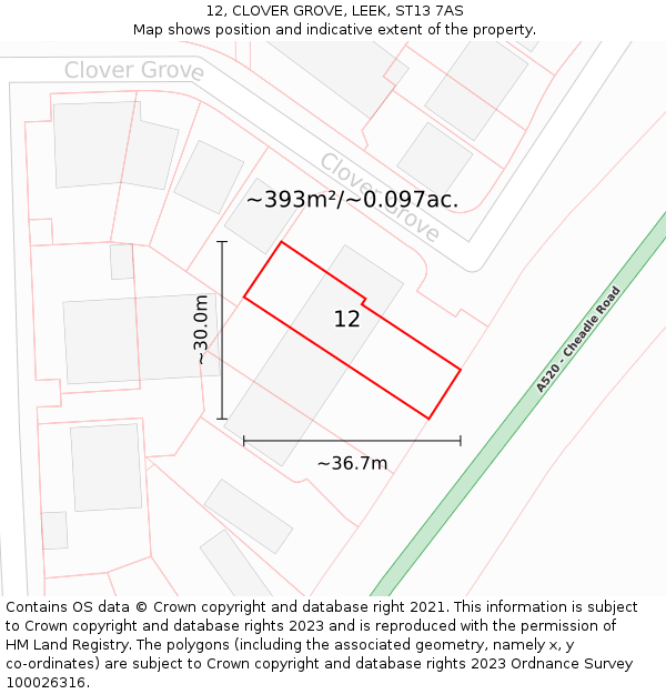 12, CLOVER GROVE, LEEK, ST13 7AS: Plot and title map